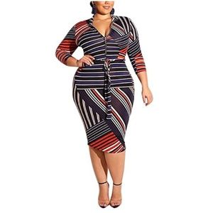 Zip-front abstract print midi bodycon dress